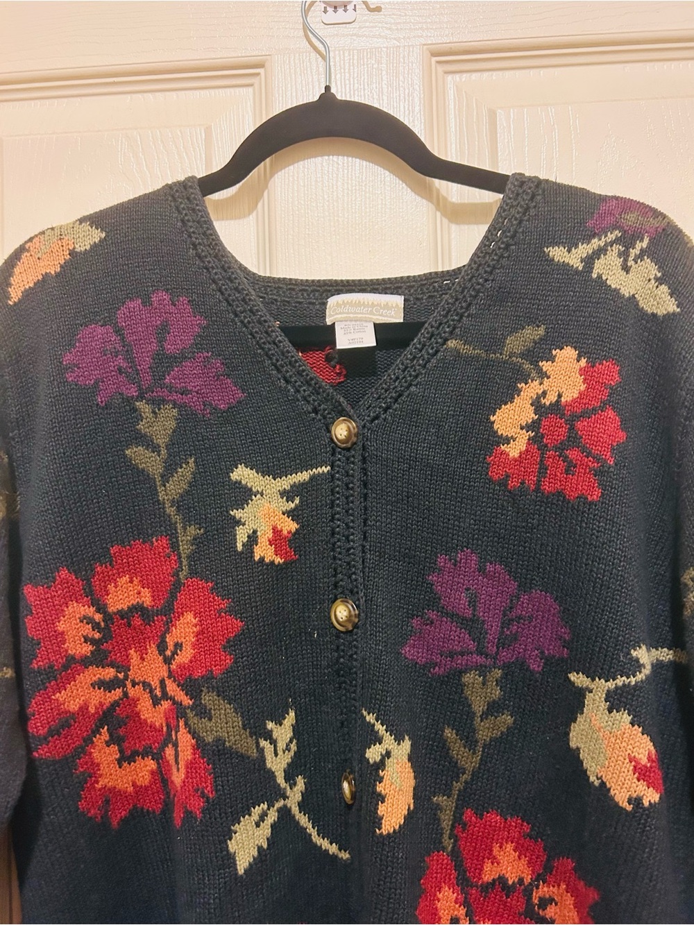 Coldwater Creek Navy Floral Cardigan with Red & Purple Blooms - Picture 2 of 6